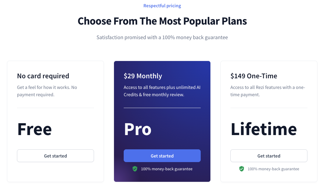 Rezi ai tool pricing plans